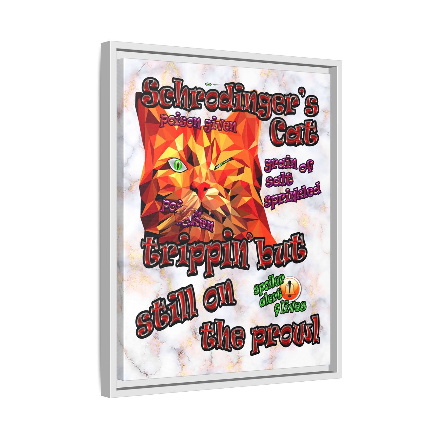 schrodinger's cat - framed canvas art (white marble)