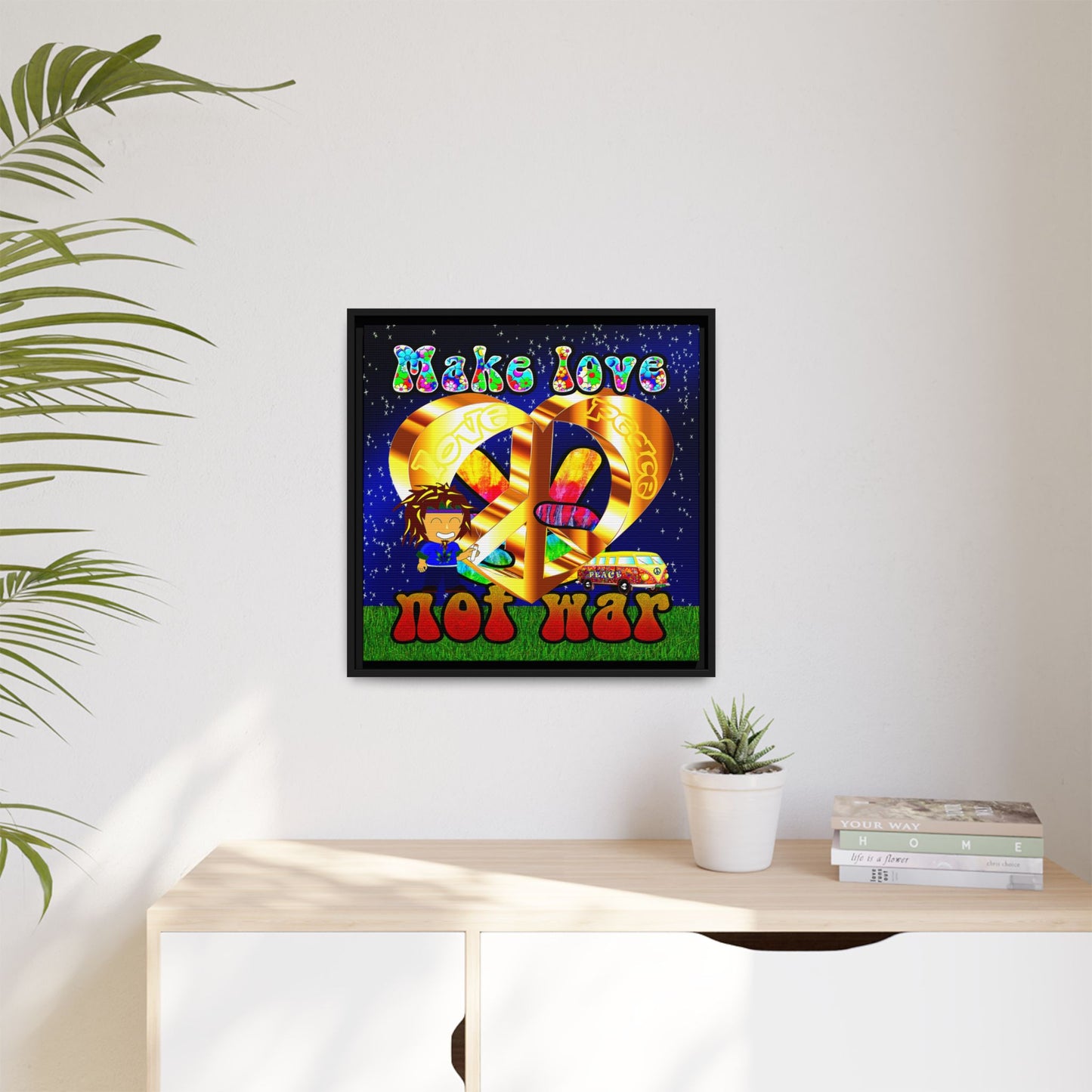 love peace - framed canvas art ('snoops' background)