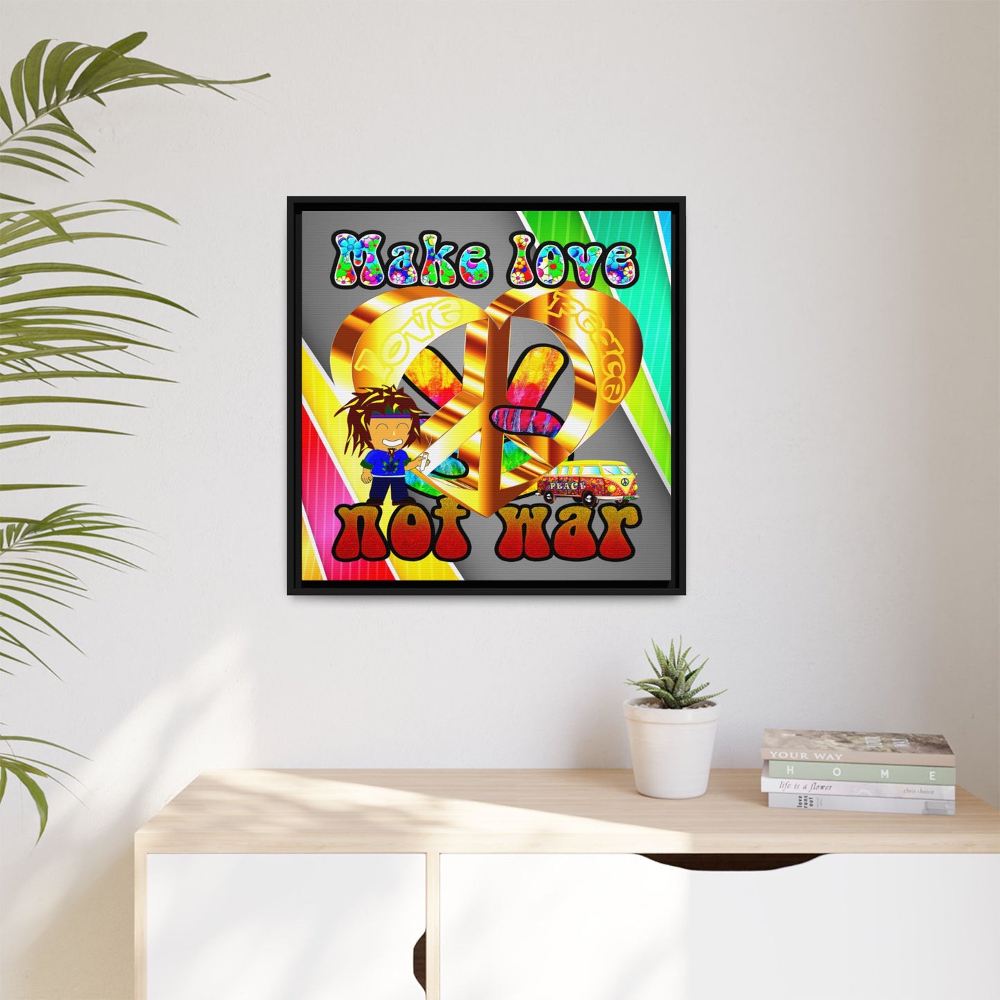 love peace - framed canvas art (rainbow split)
