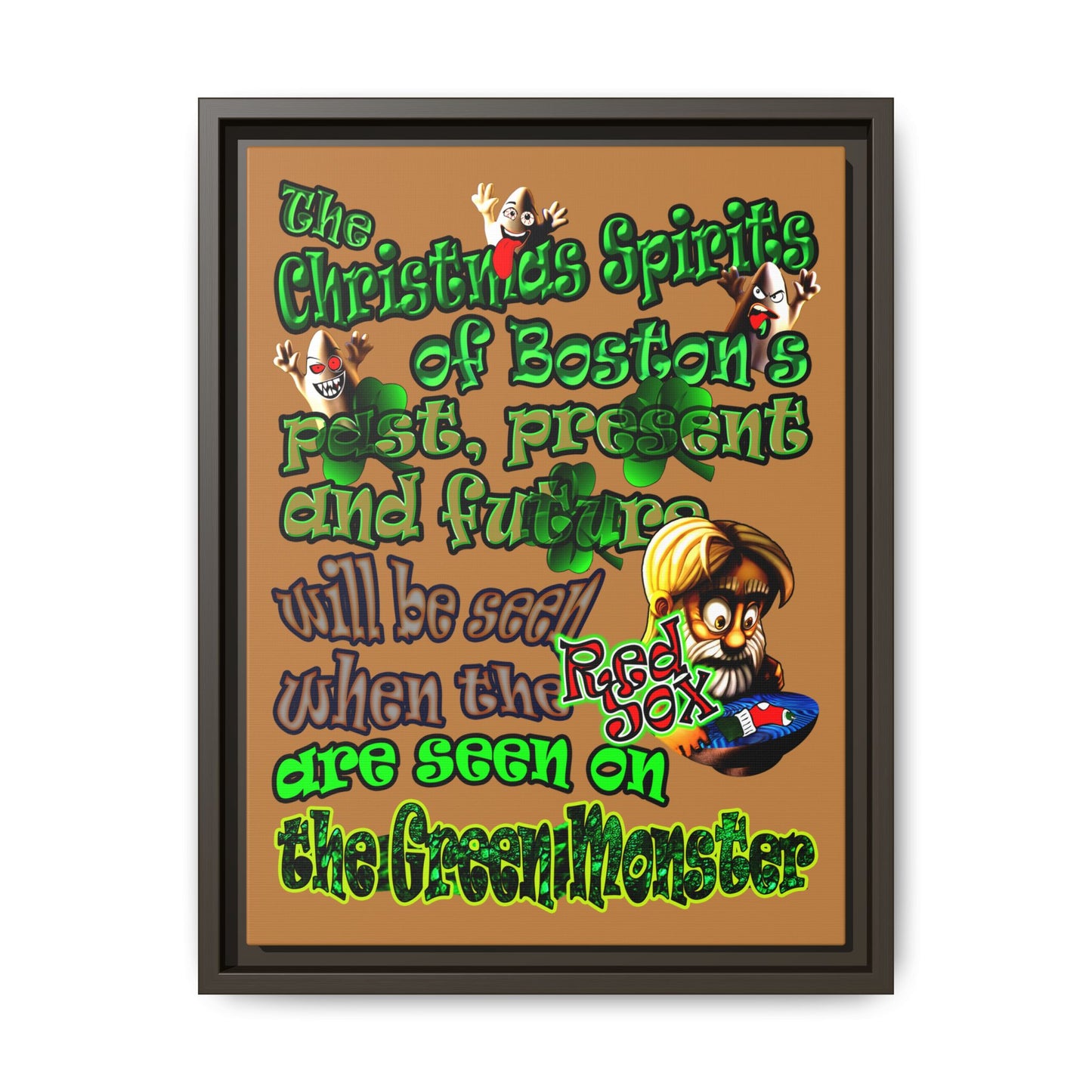 christmas spirits of boston - framed canvas art (light brown)