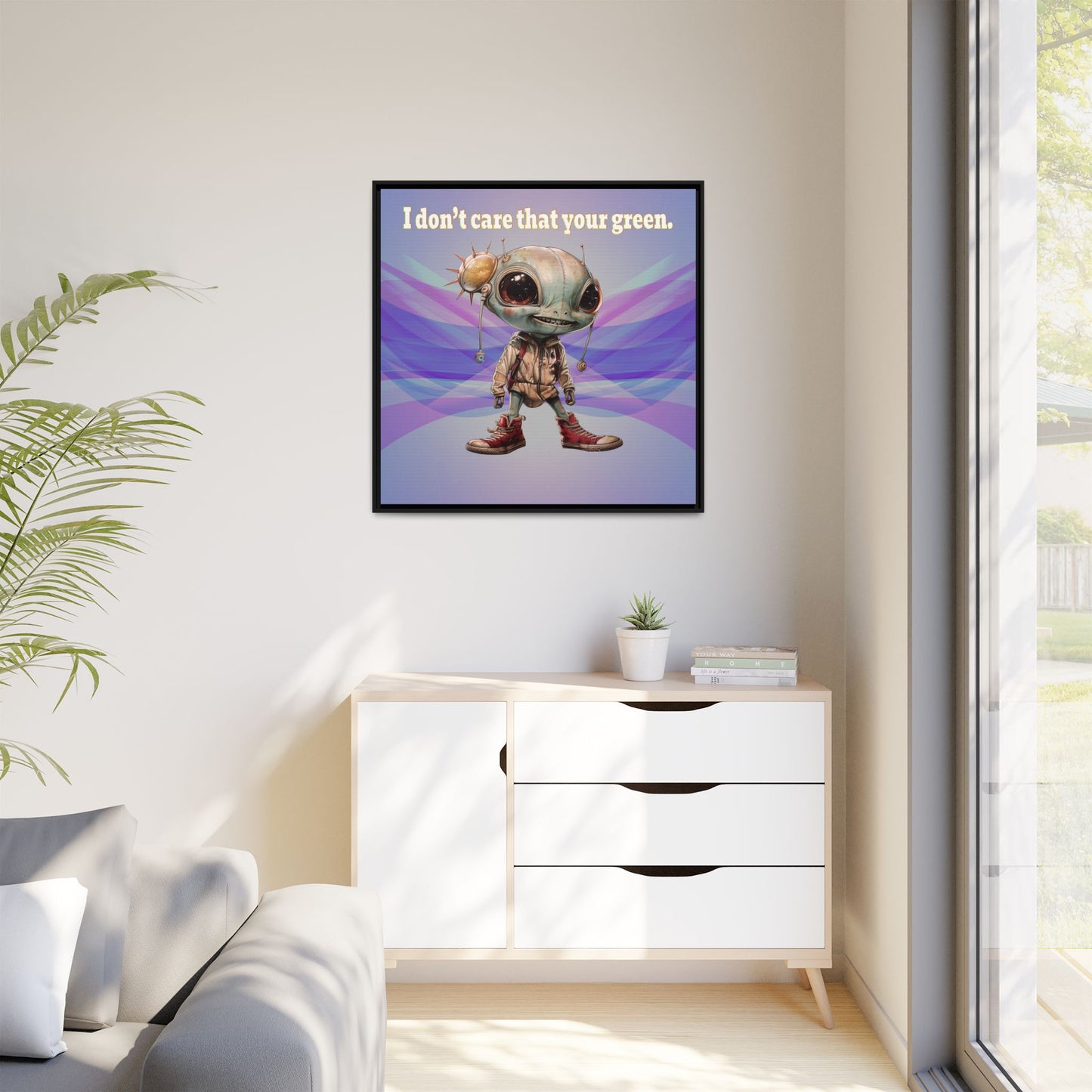 I don't care that your green - framed canvas art (light blue-pink wave)