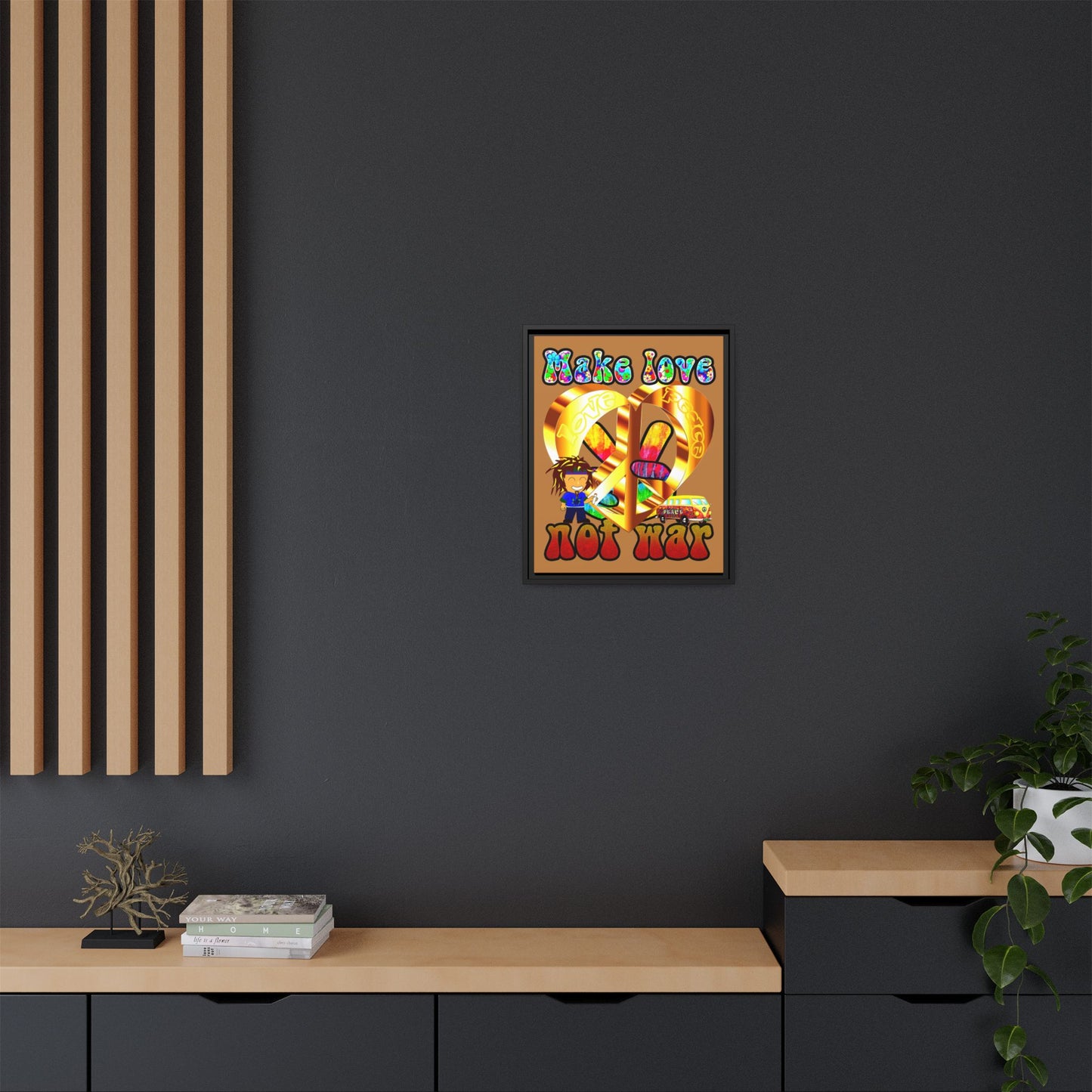 love peace - framed canvas art (light brown)