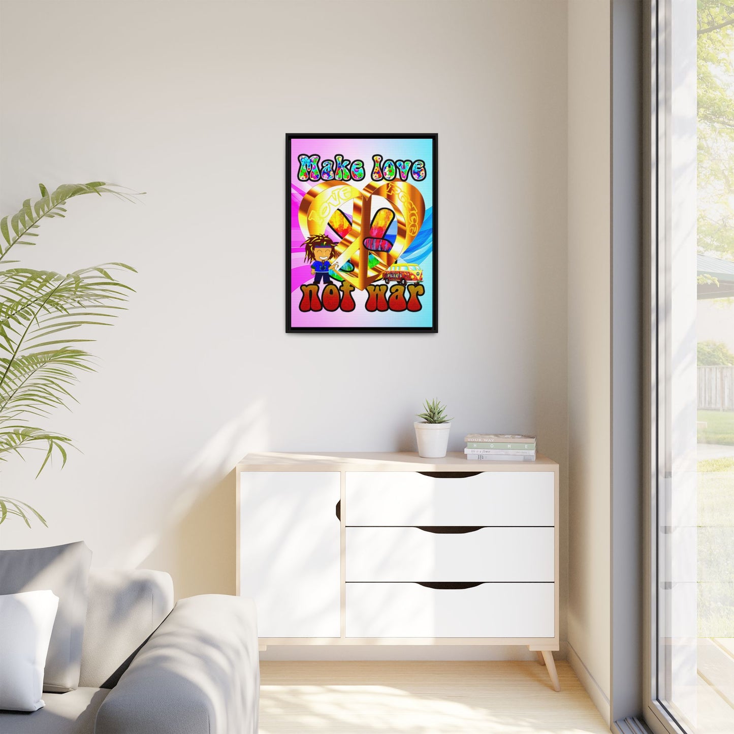 love peace - framed canvas art (light blue-pink wave)