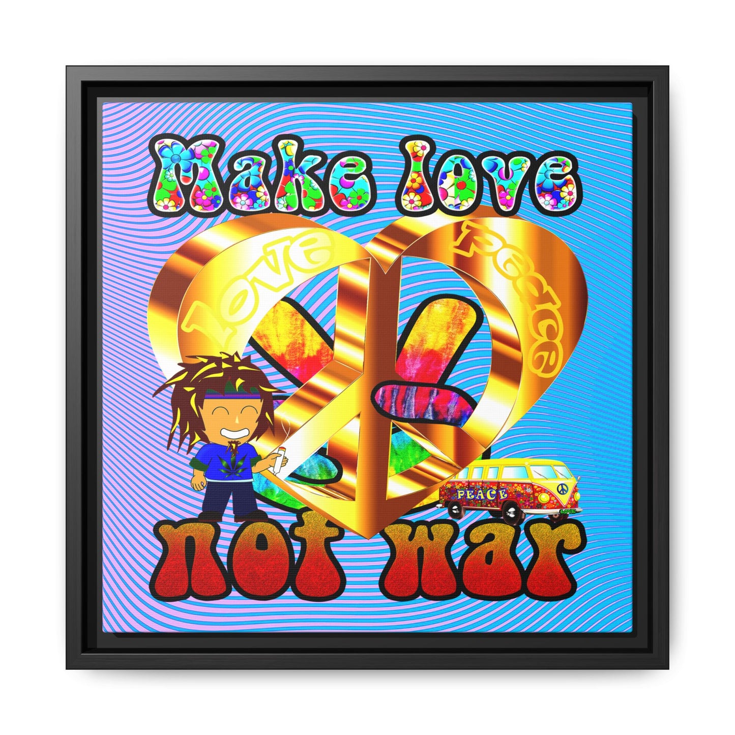 love peace - framed canvas art (light blue-purple wave)