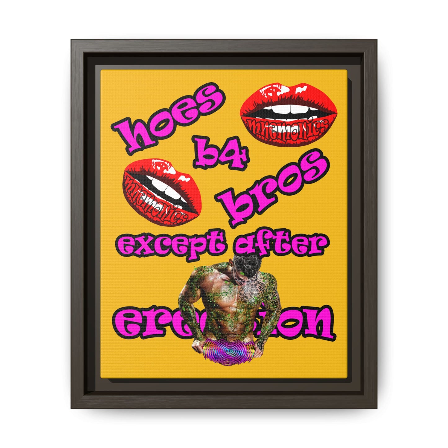 hoes b4 bros - framed canvas art (yellow)