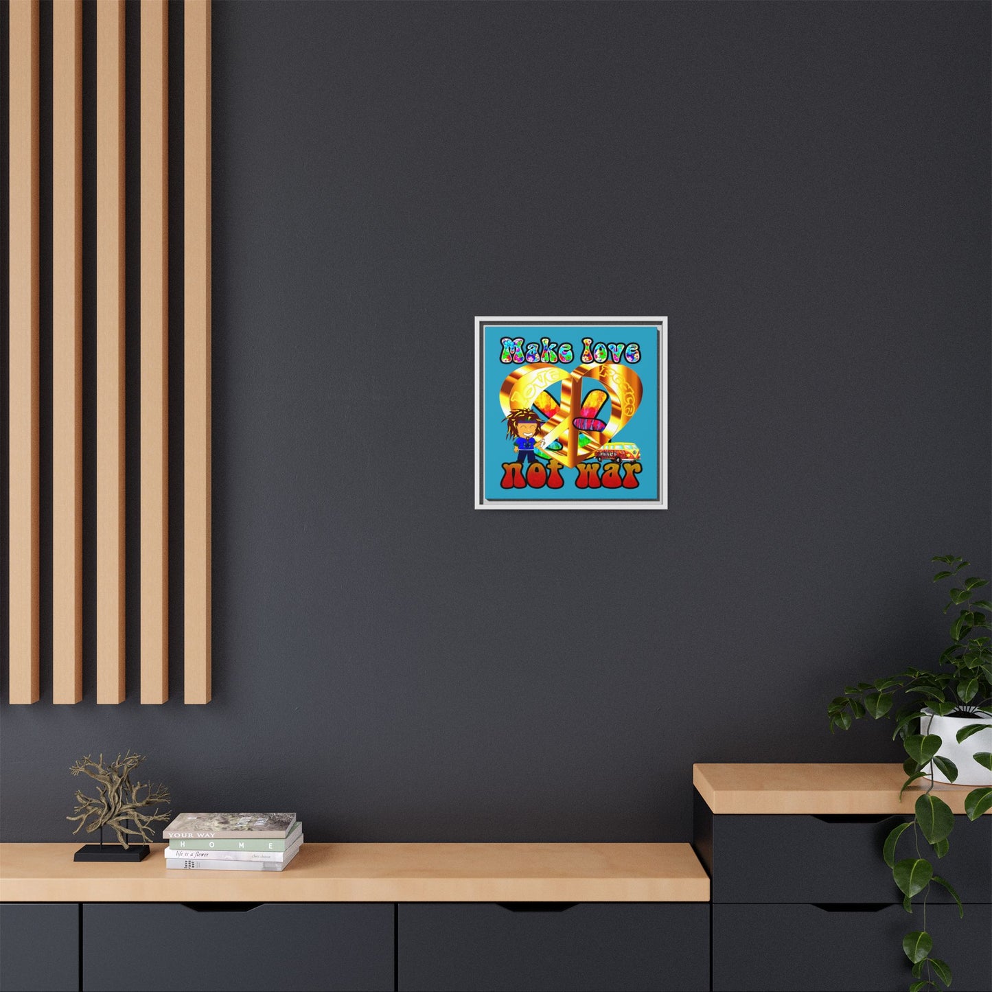 love peace - framed canvas art (turquoise)
