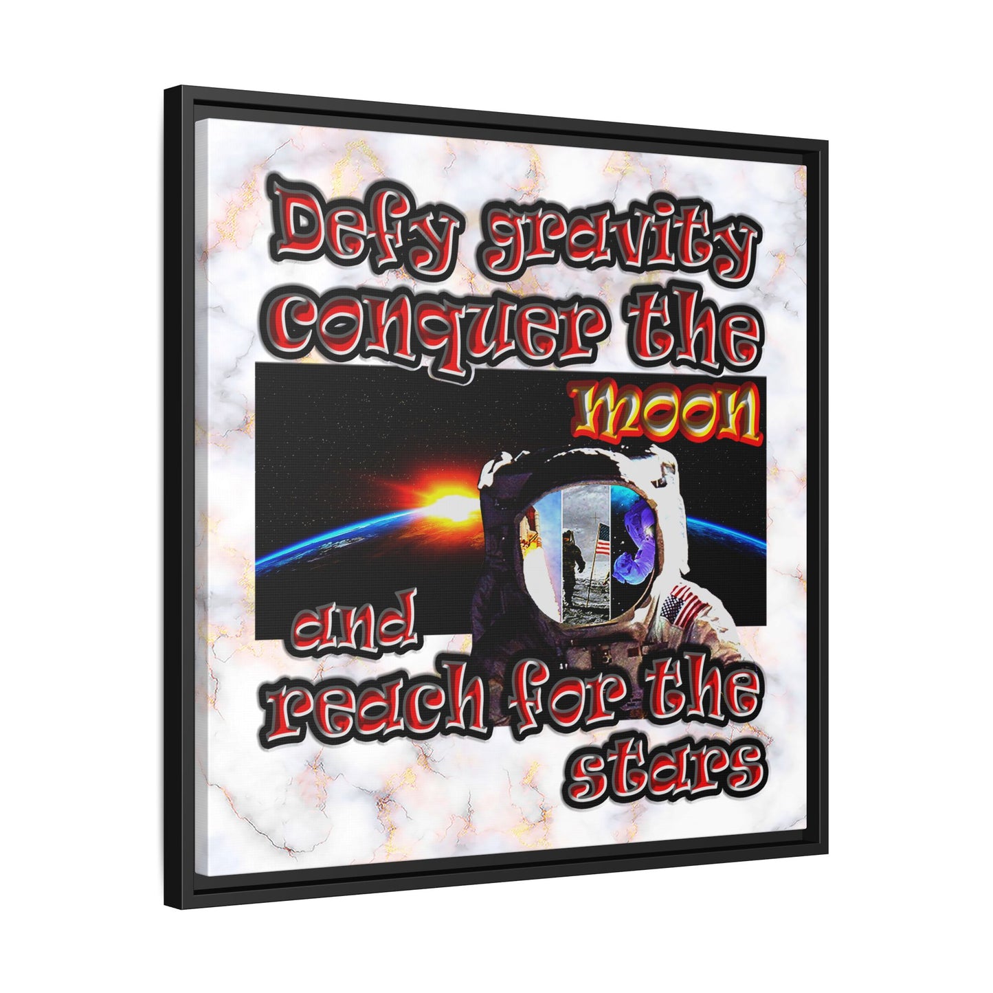defy conquer reach - framed canvas art (white marble)