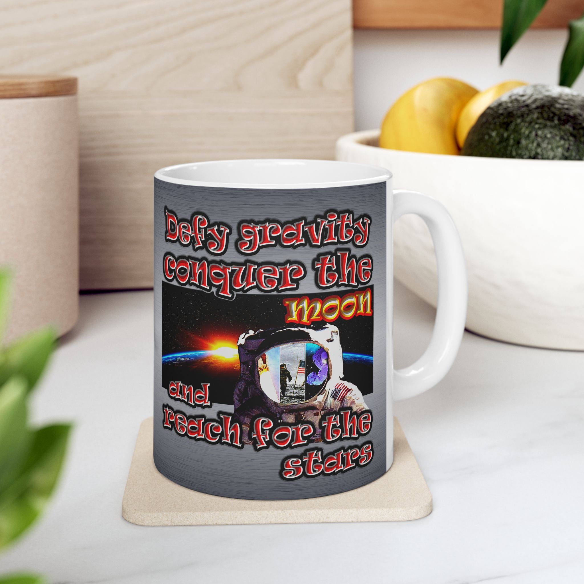 defy conquer reach - White Mug (brushed nickel)