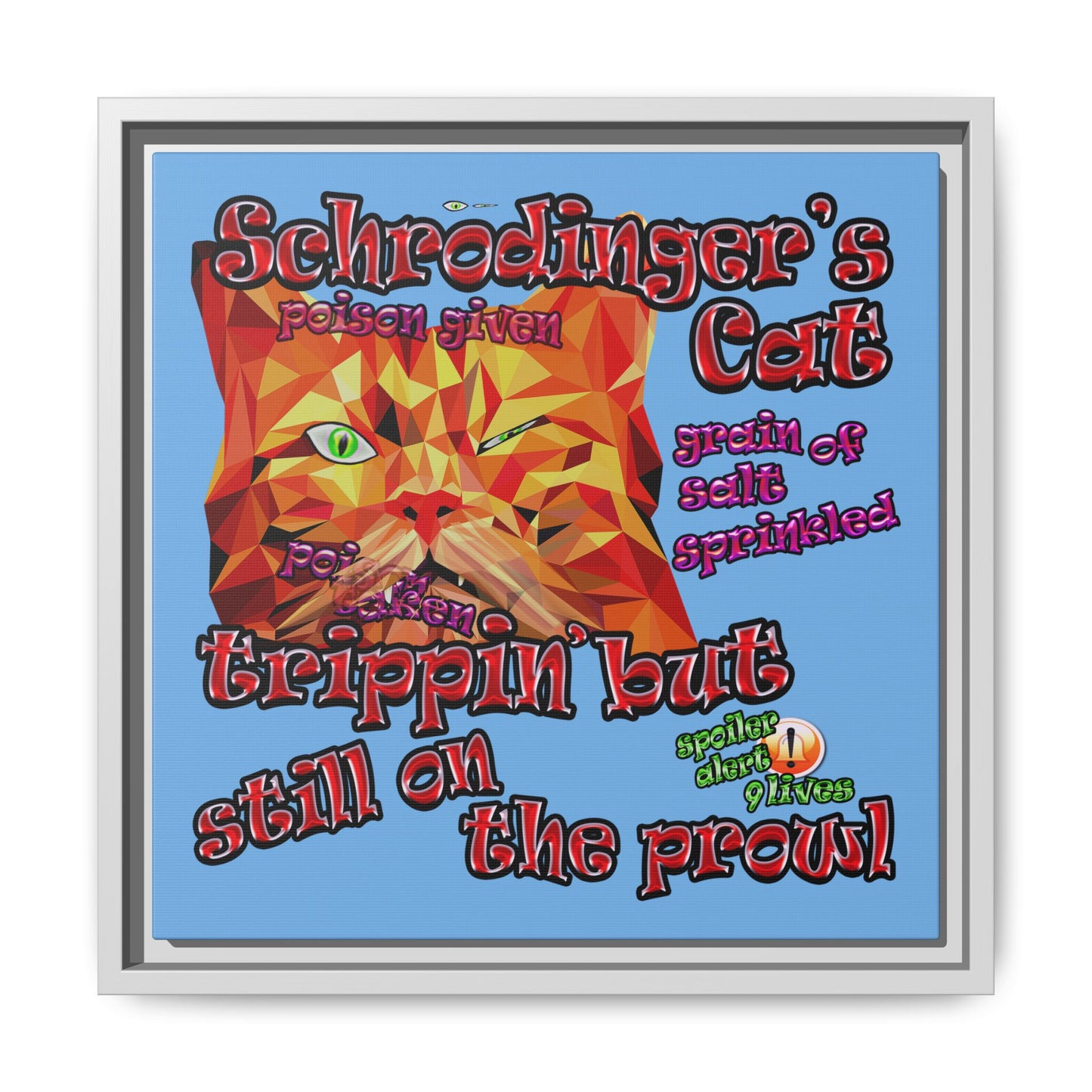 schrodinger's cat - framed canvas art (light blue)