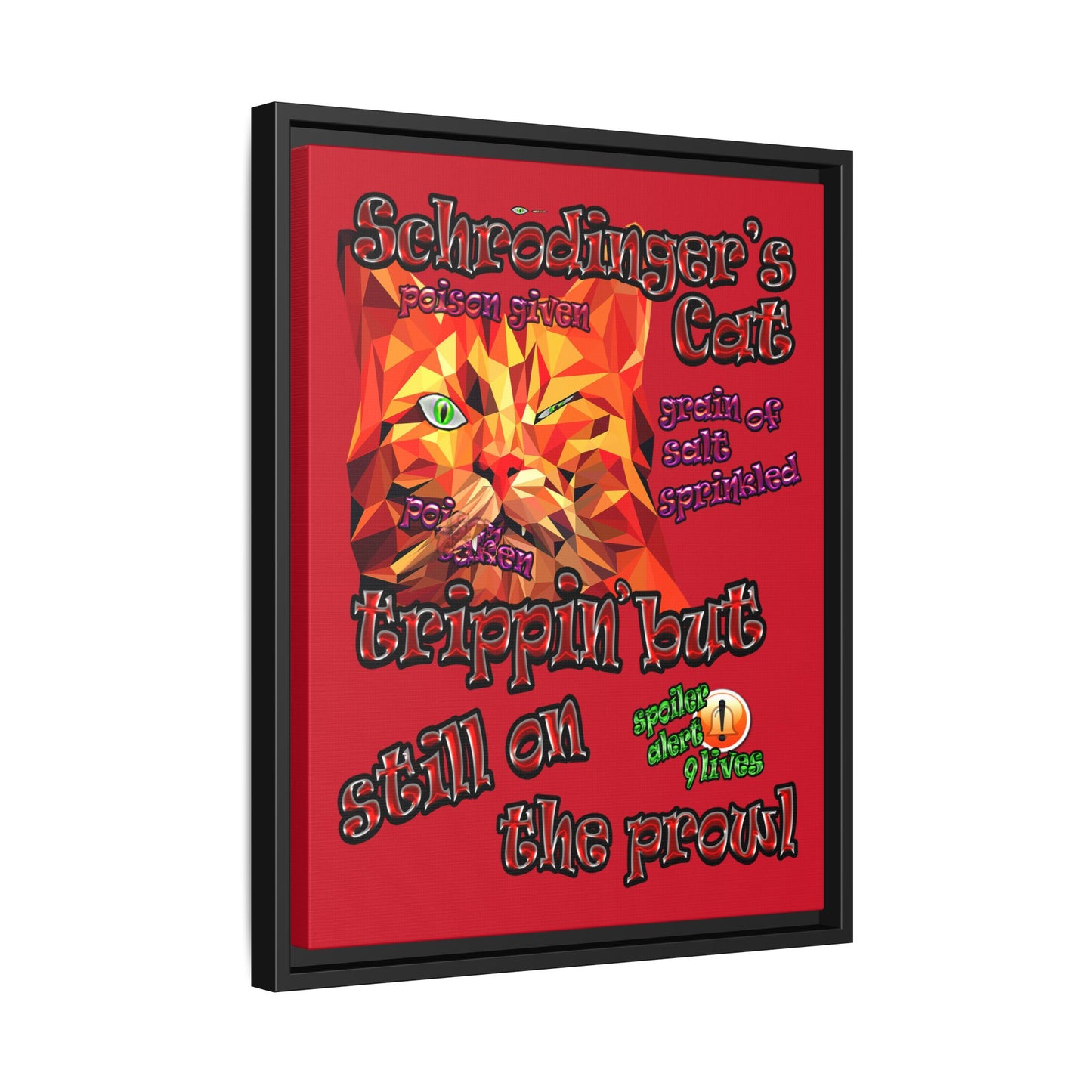 schrodinger's cat - framed canvas art (dark red)
