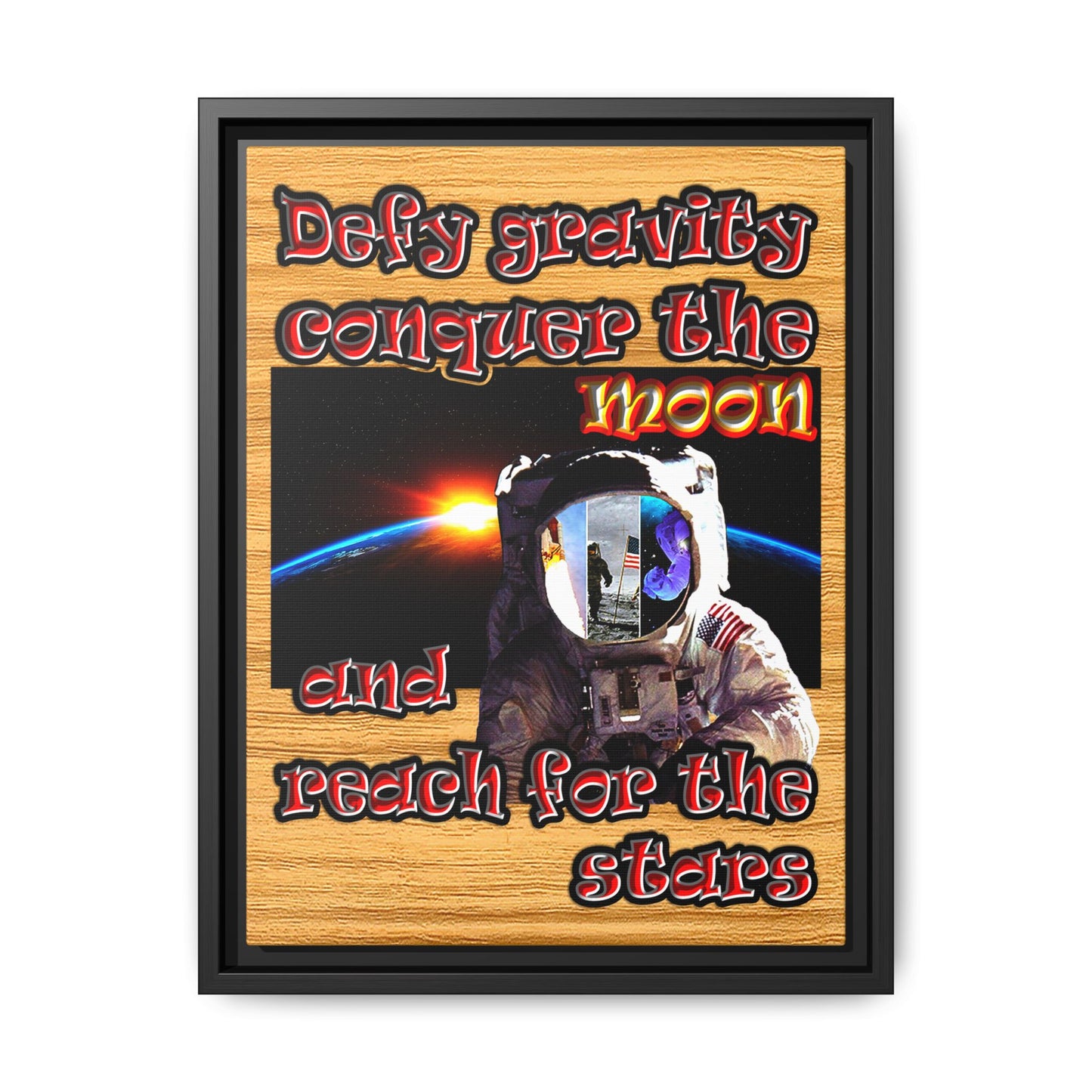 defy conquer reach - framed canvas art (butterscotch wood finish)
