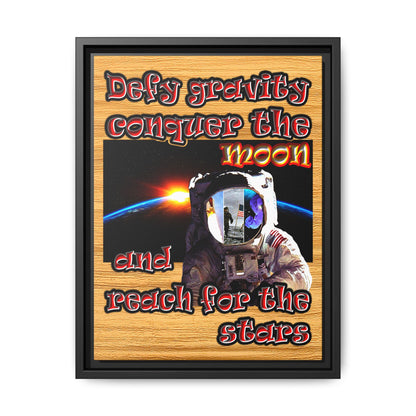 defy conquer reach - framed canvas art (butterscotch wood finish)