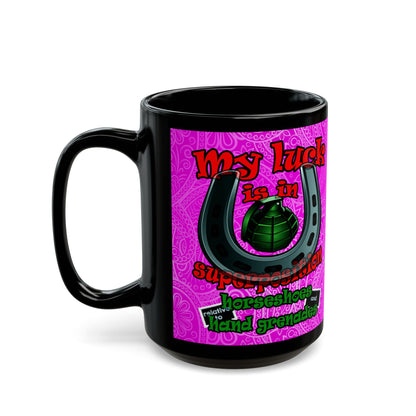 my luck - Black Mug (pink swirl)