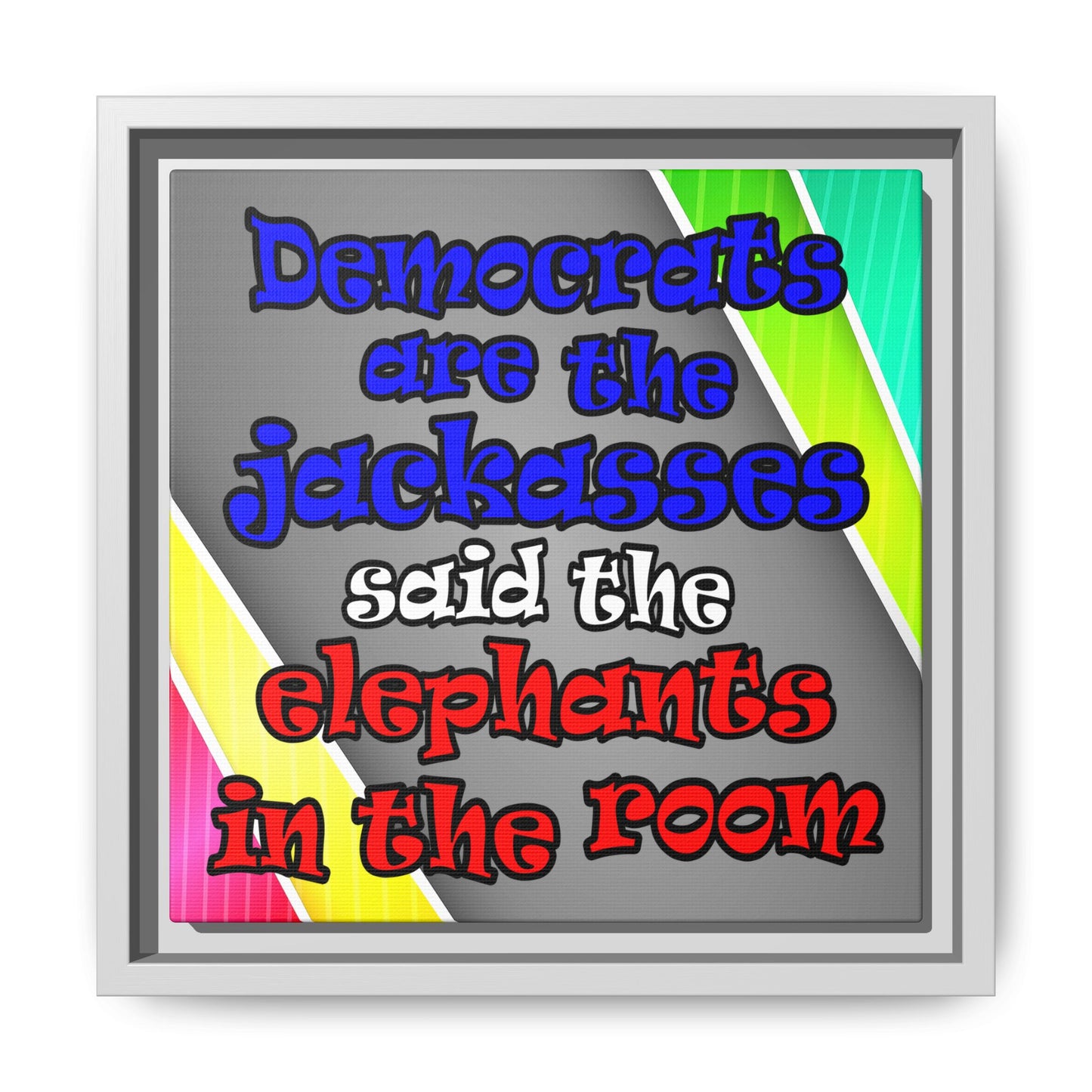donkeys and elephants - framed canvas art (rainbow split)