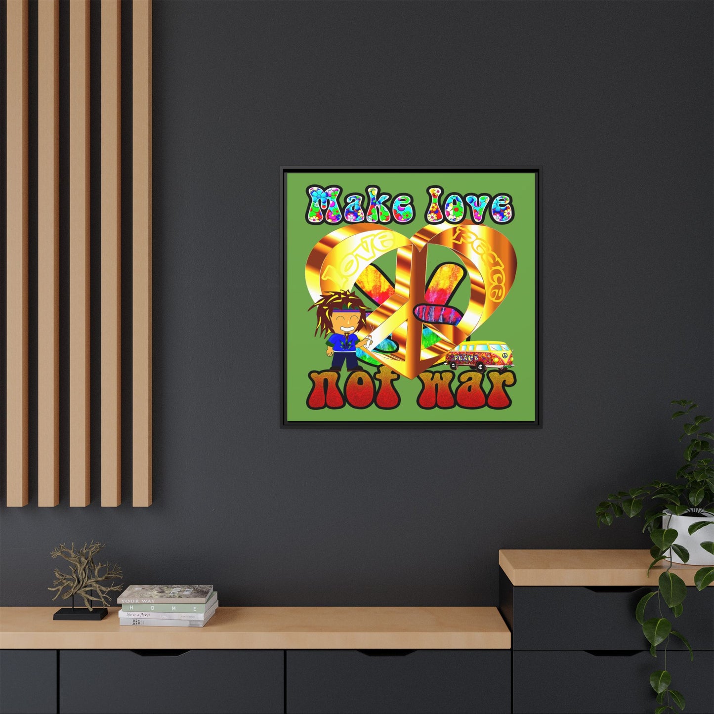love peace - framed canvas art (green)