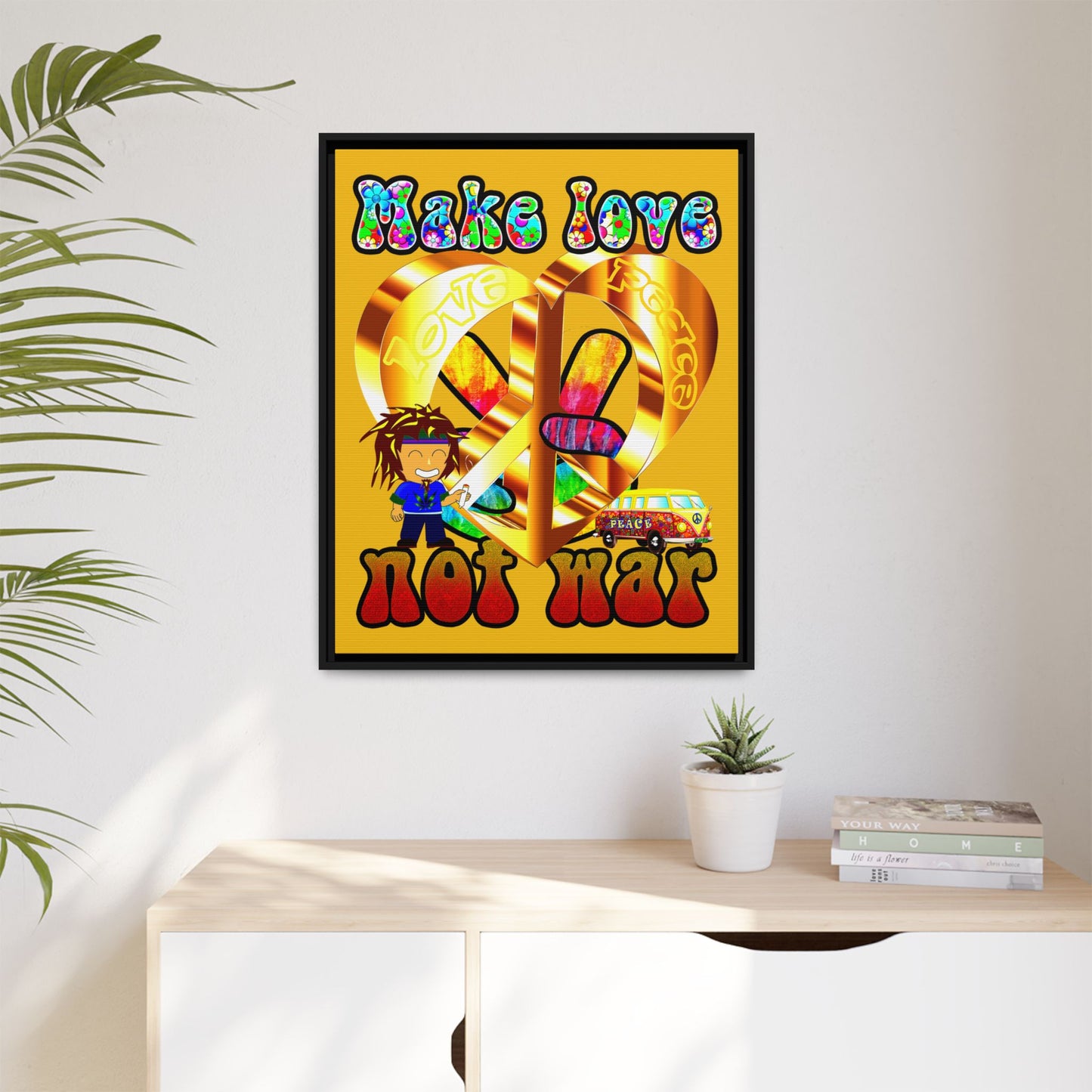 love peace - framed canvas art (yellow)
