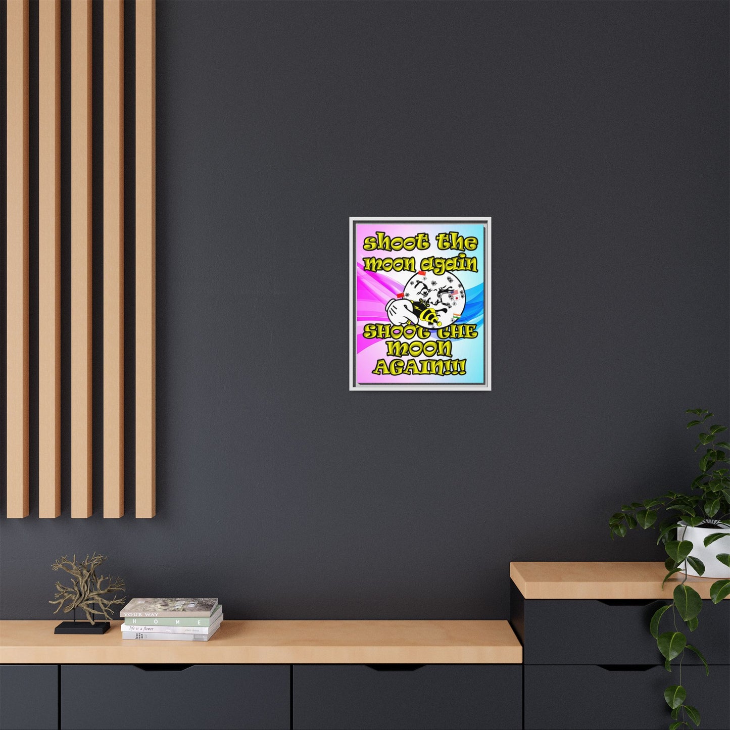 shoot the moon again - framed canvas art (light blue-pink wave)