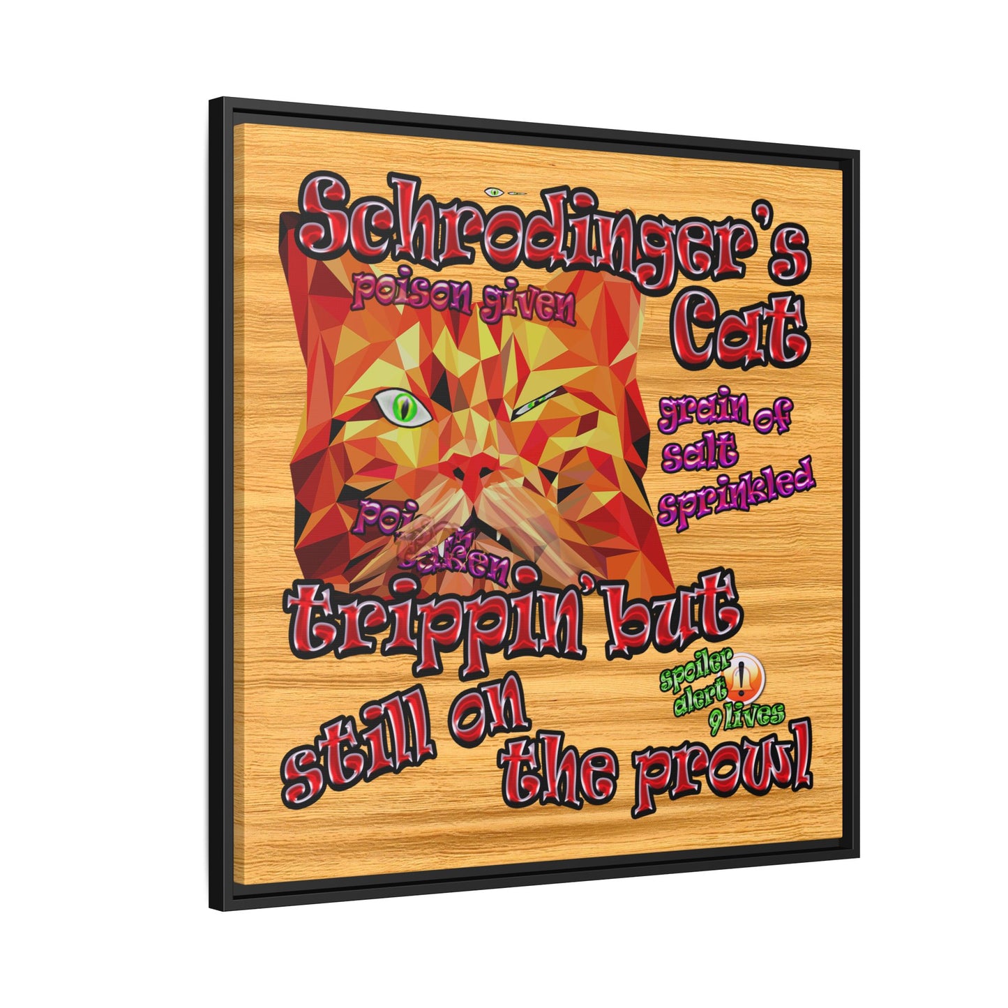 schrodinger's cat - framed canvas art (butterscotch wood finish)