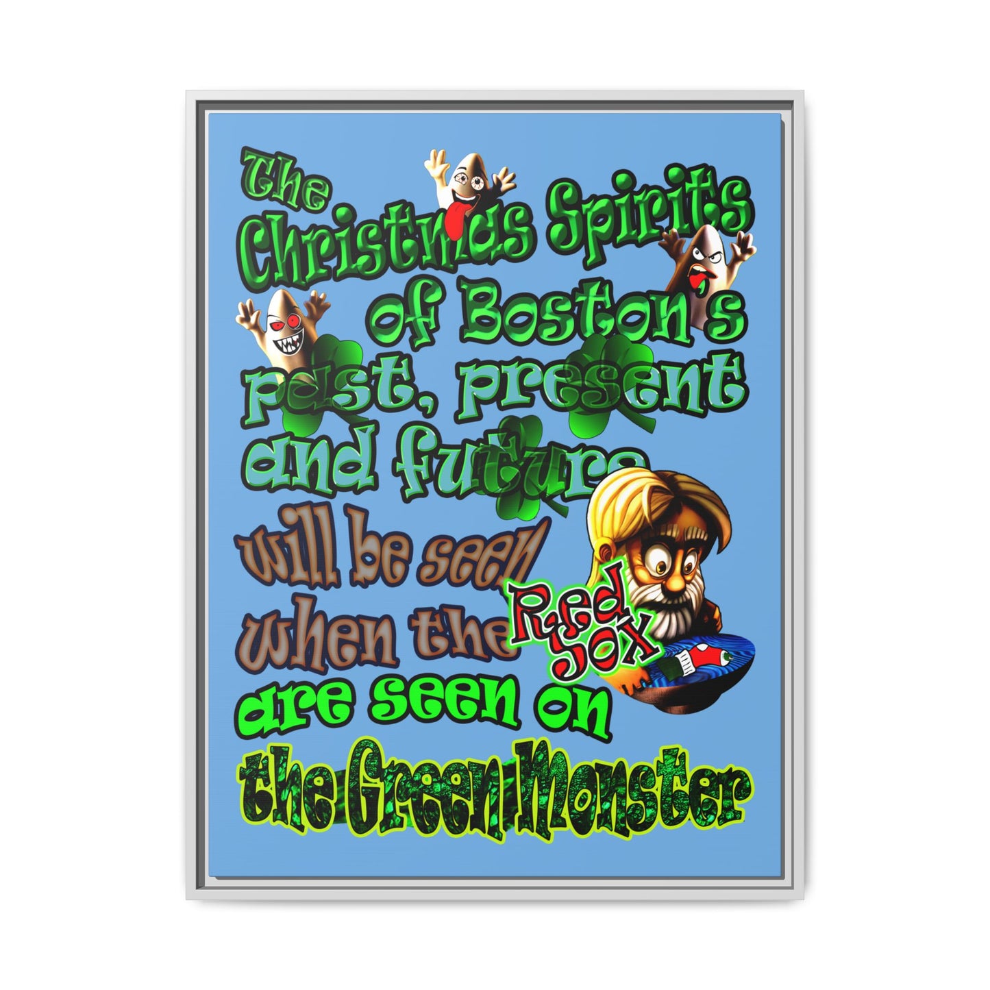 christmas spirits of boston - framed canvas art (light blue)