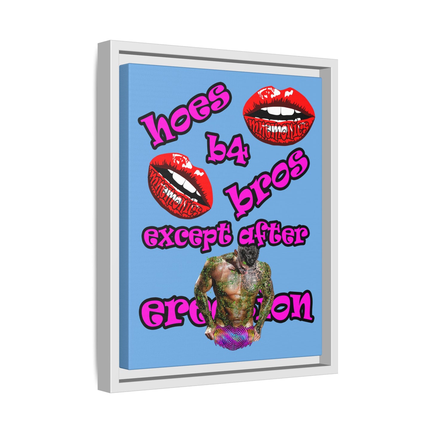 hoes b4 bros - framed canvas art (light blue)