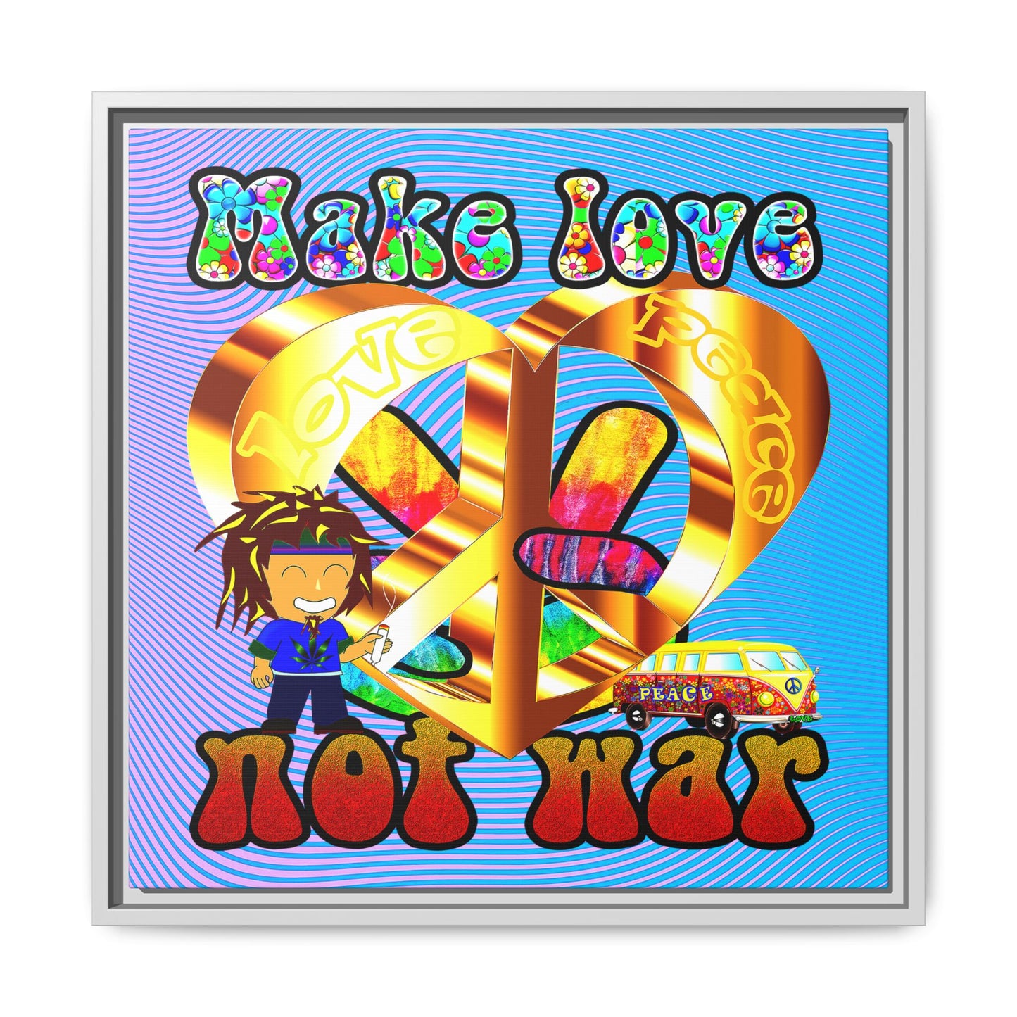 love peace - framed canvas art (light blue-purple wave)