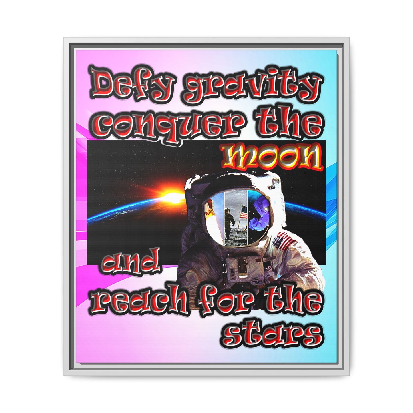 defy conquer reach - framed canvas art (light blue-pink wave)