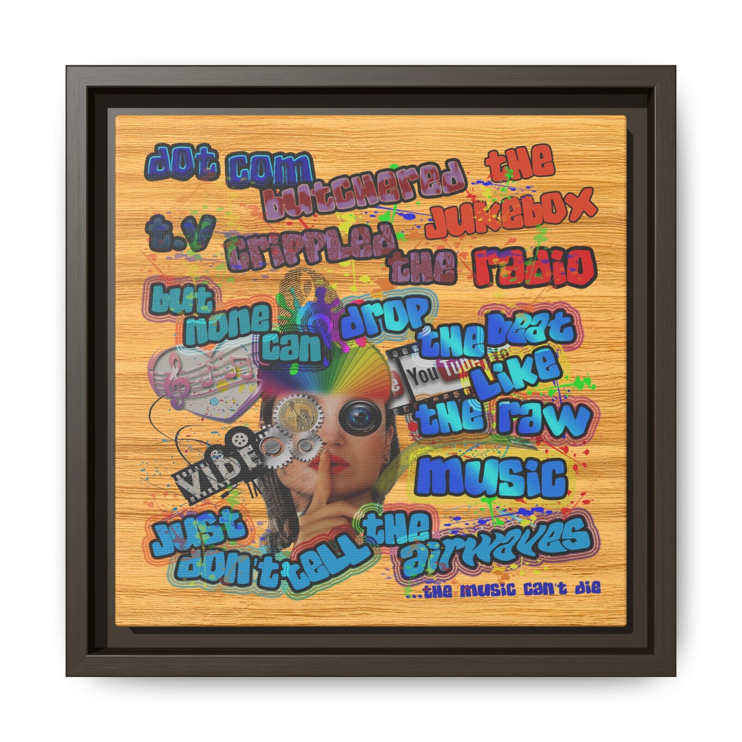 drop the beat - framed canvas art (butterscotch wood finish)