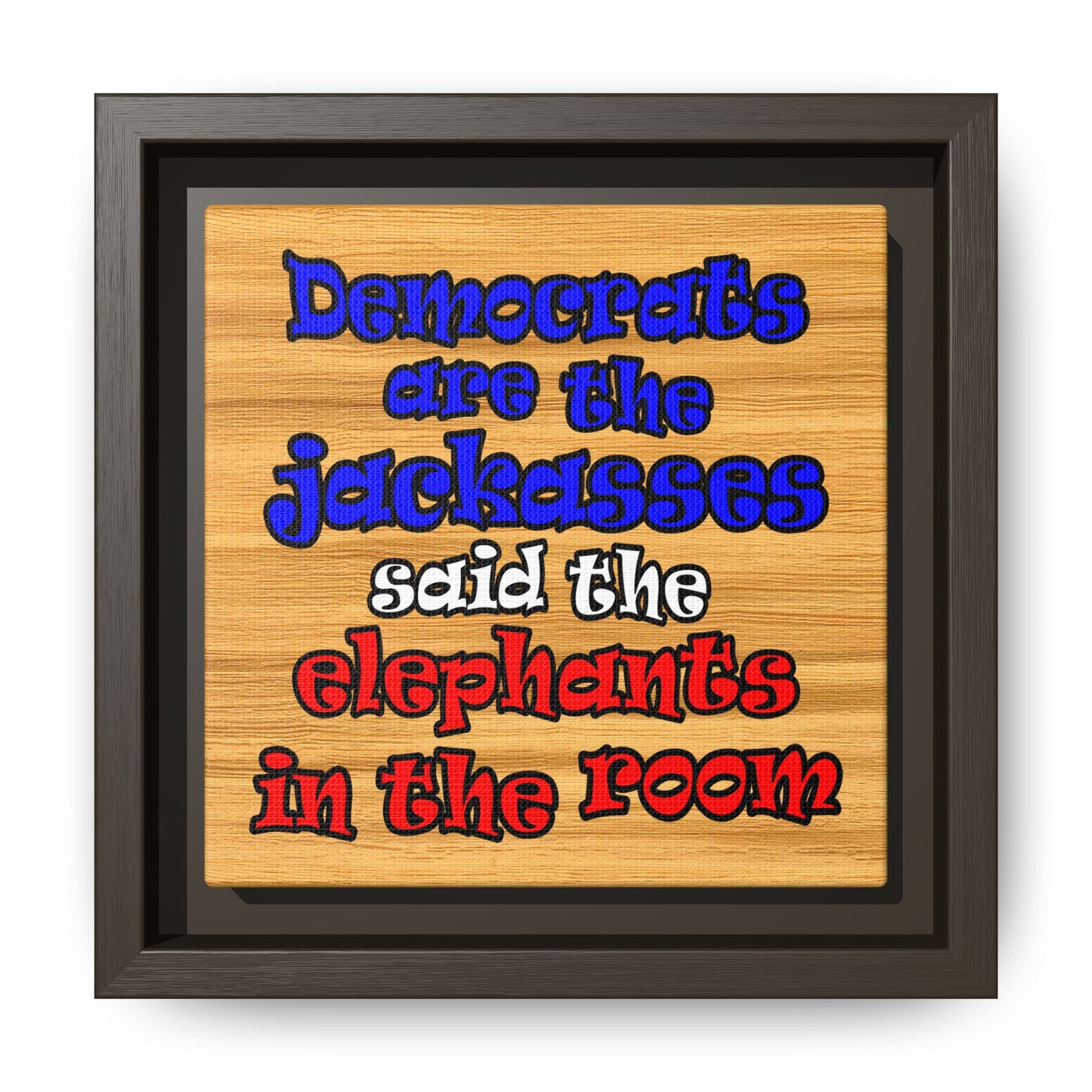 donkeys and elephants - framed canvas art (butterscotch wood finish)