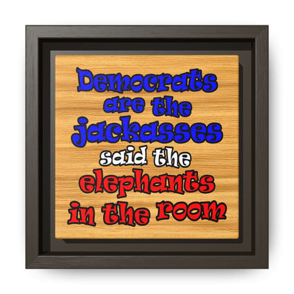 donkeys and elephants - framed canvas art (butterscotch wood finish)