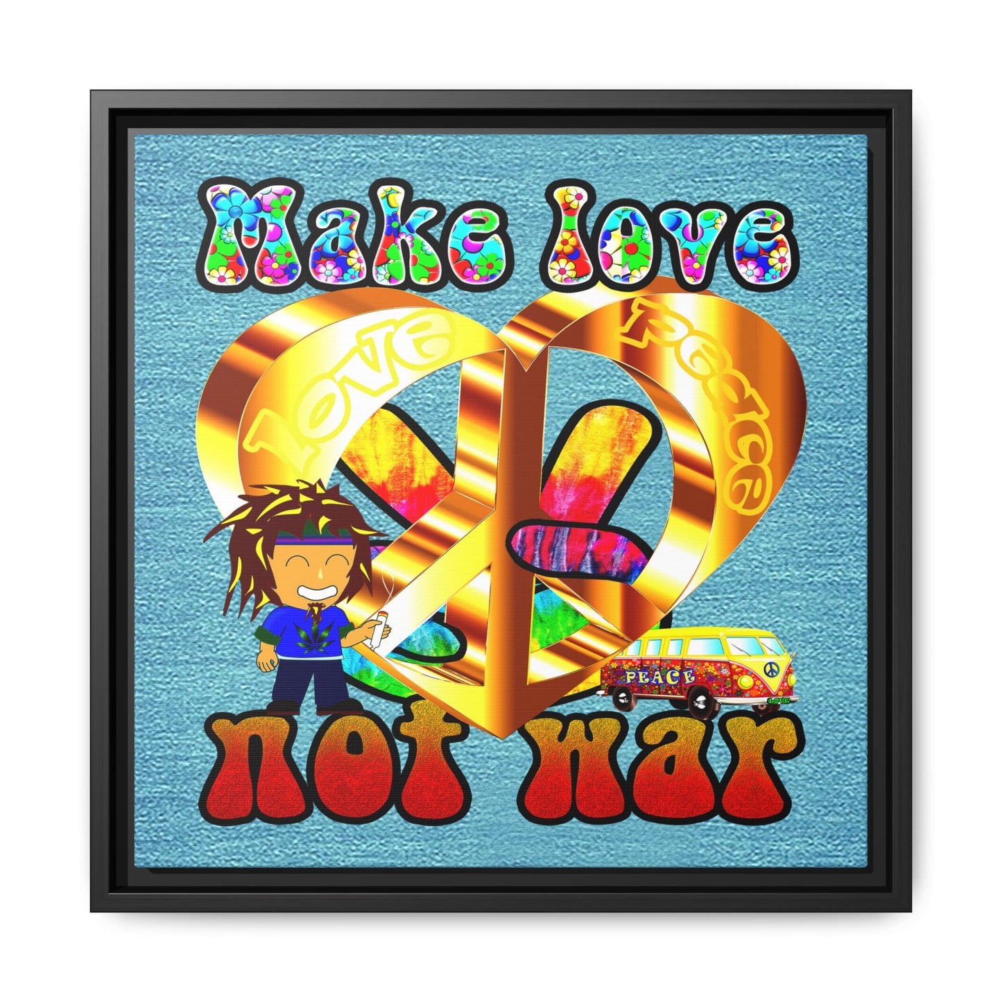 love peace - framed canvas art (faded blue)