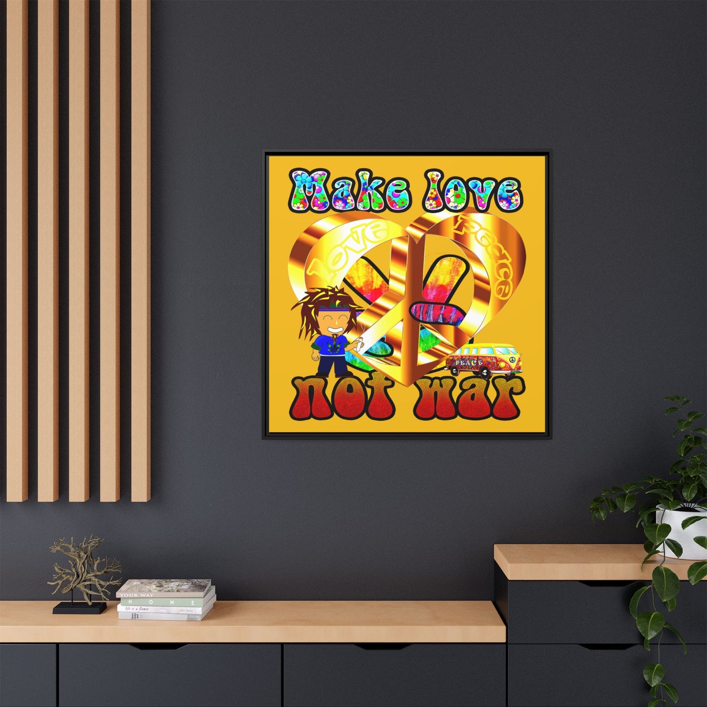 love peace - framed canvas art (yellow)