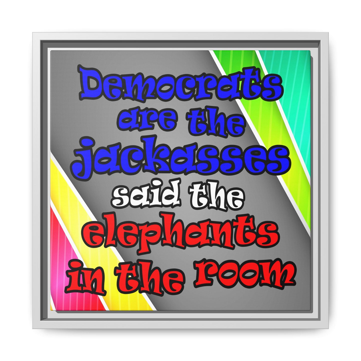 donkeys and elephants - framed canvas art (rainbow split)