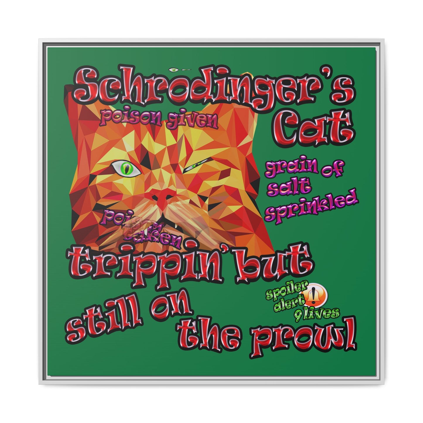 schrodinger's cat - framed canvas art (dark green)
