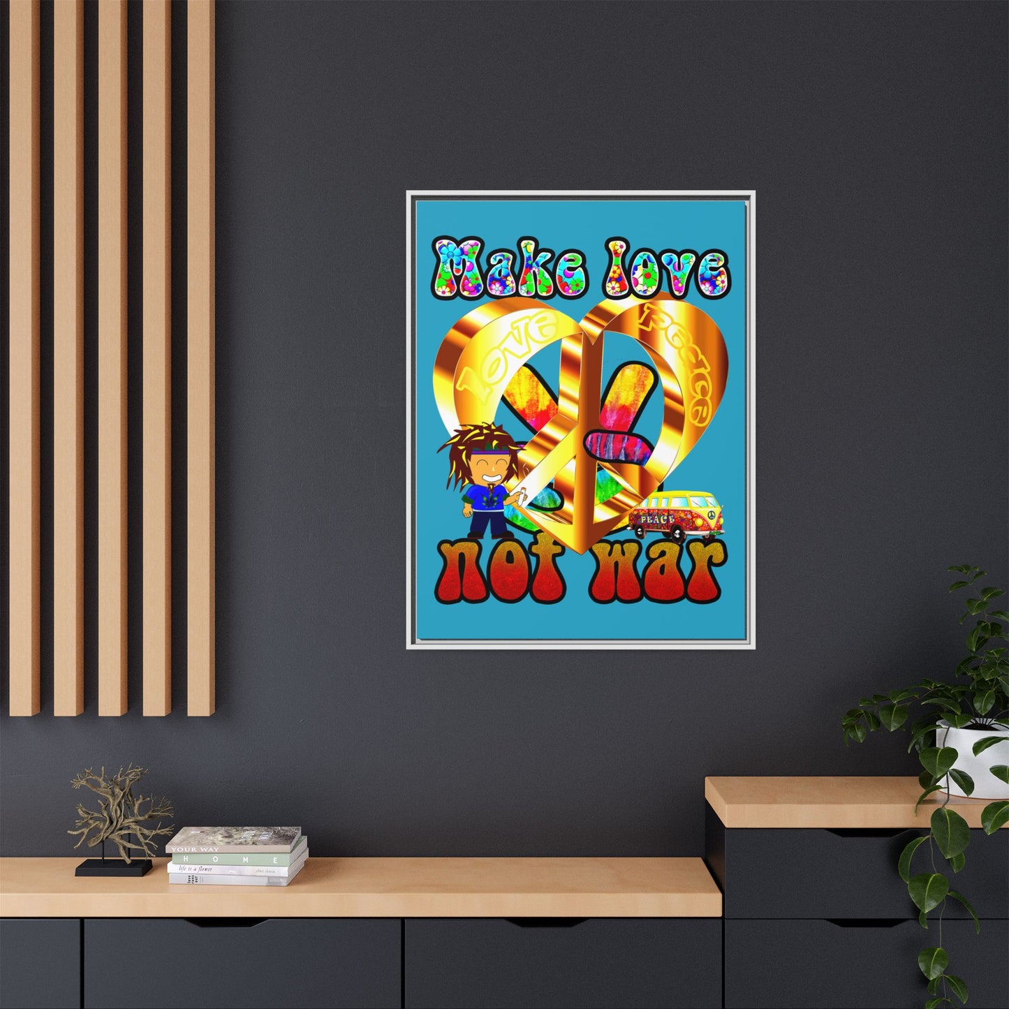 love peace - framed canvas art (turquoise)