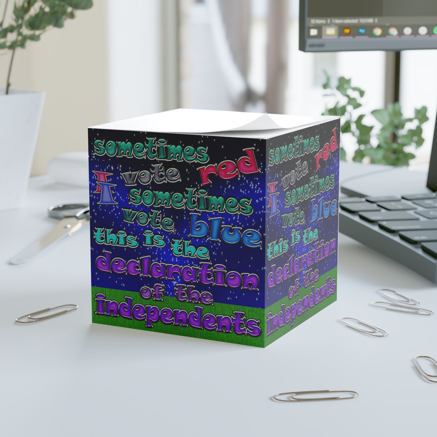 declaration of the independents - note cube ('snoops' background)