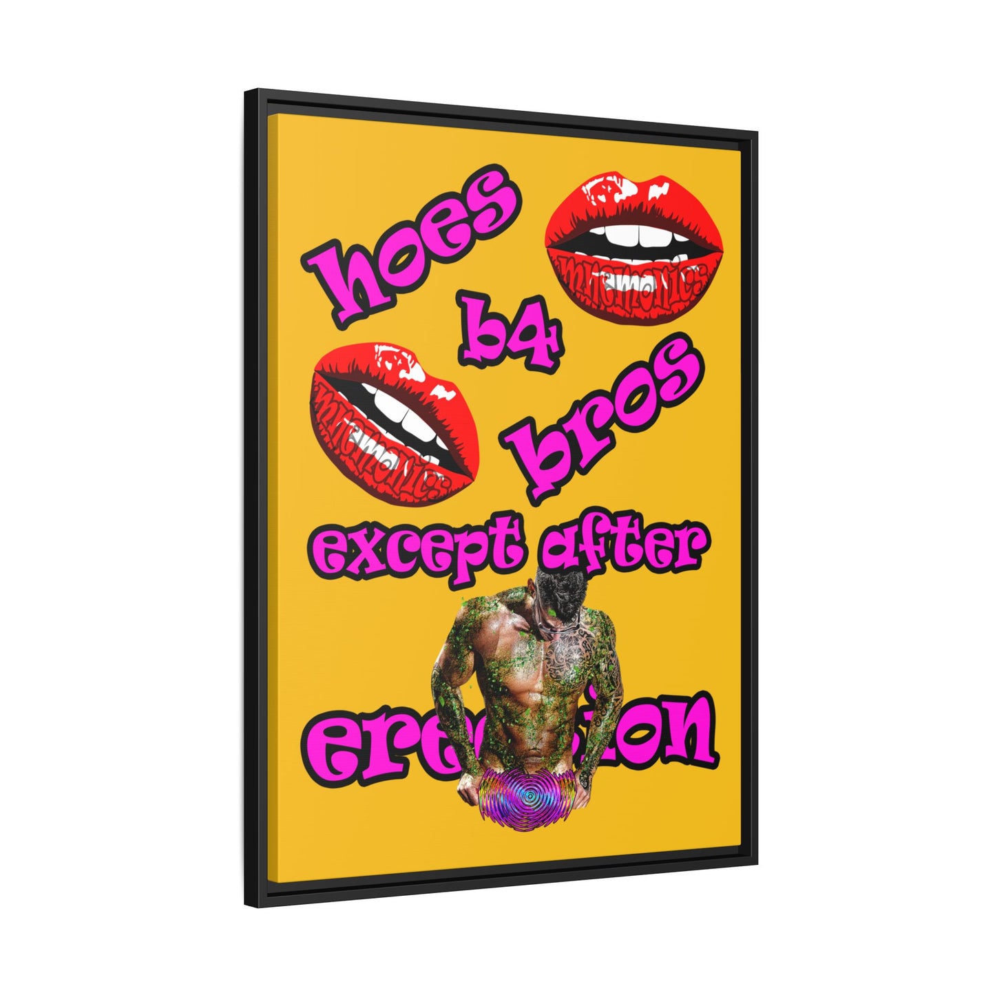 hoes b4 bros - framed canvas art (yellow)