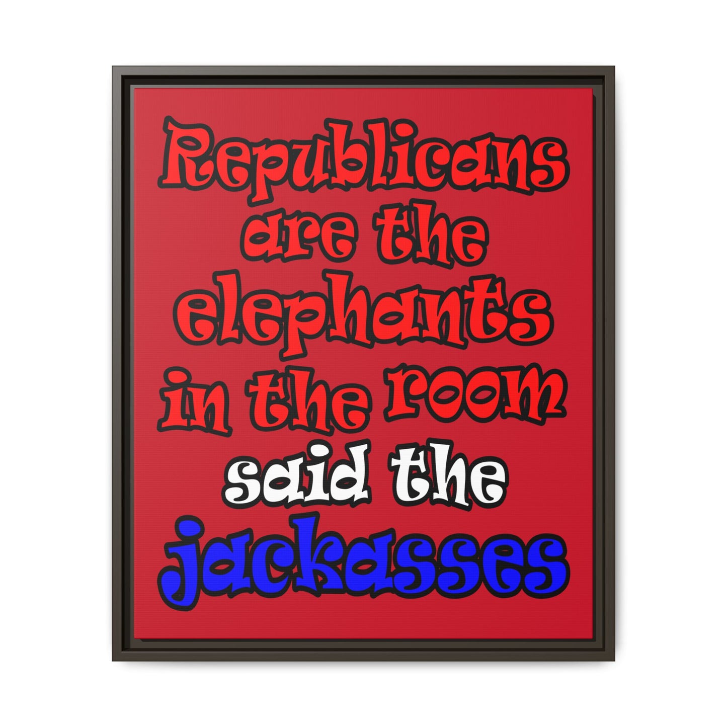 donkeys and elephants - framed canvas art (dark red)