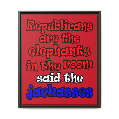 donkeys and elephants - framed canvas art (dark red)