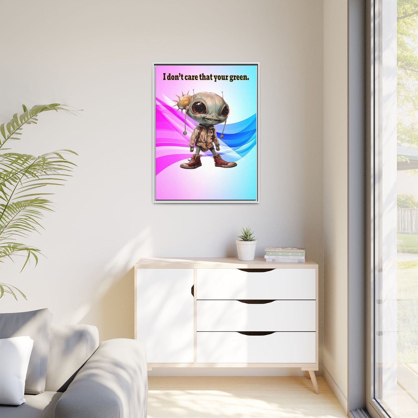 I don't care that your green - framed canvas art (light blue-pink wave)
