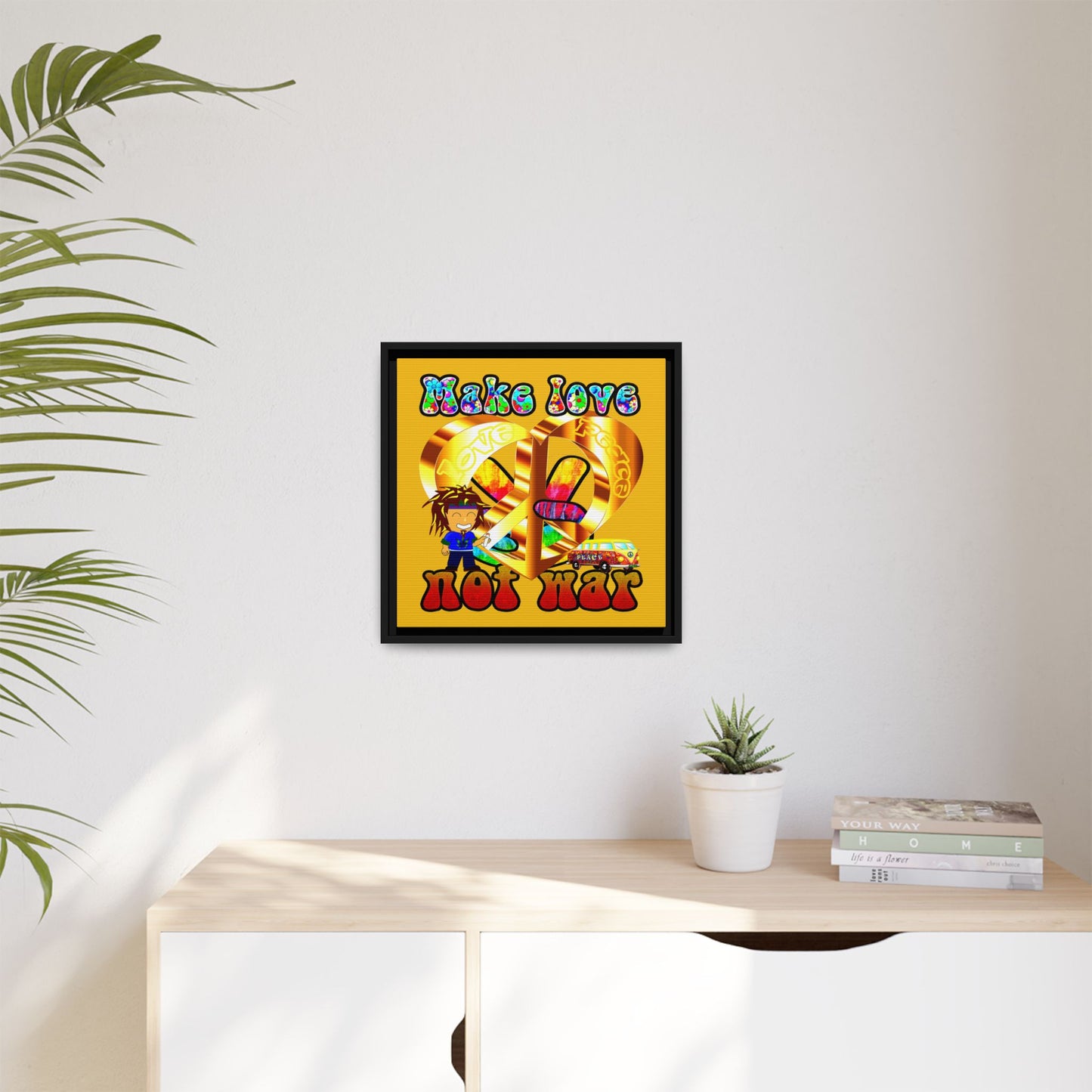 love peace - framed canvas art (yellow)