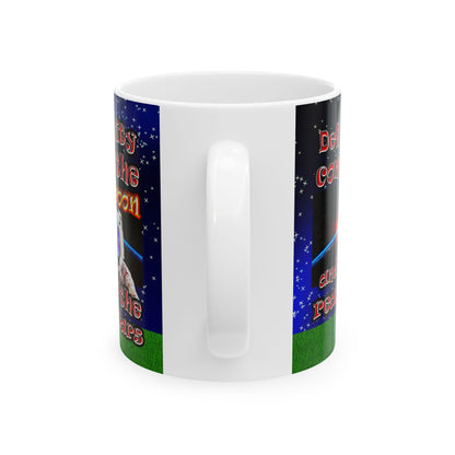 defy conquer reach - White Mug ('snoops' background)