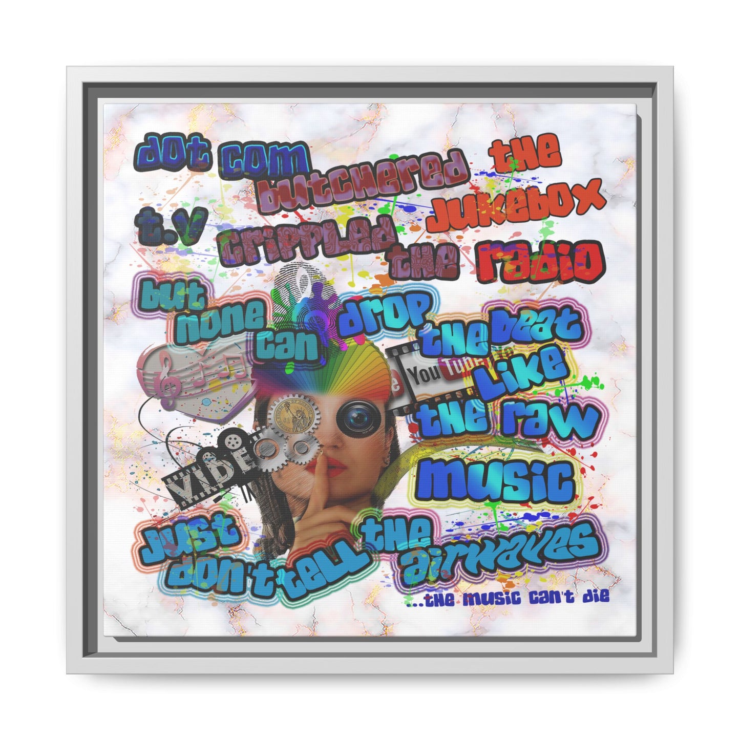 drop the beat - framed canvas art (white marble)