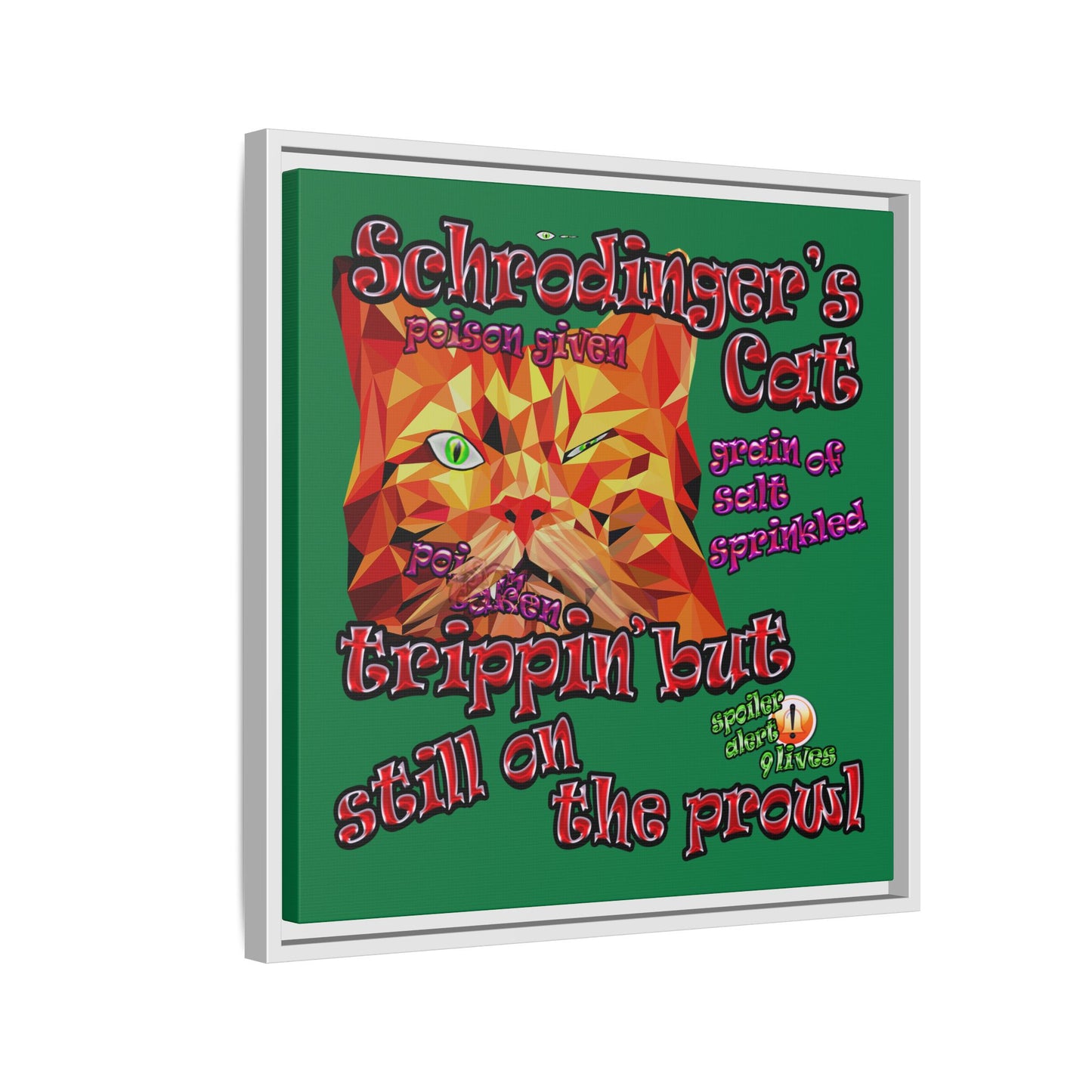 schrodinger's cat - framed canvas art (dark green)