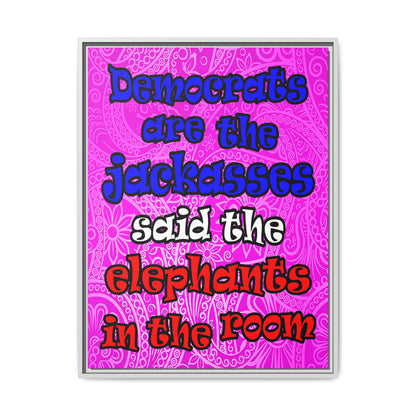 donkeys and elephants - framed canvas art (pink swirl)