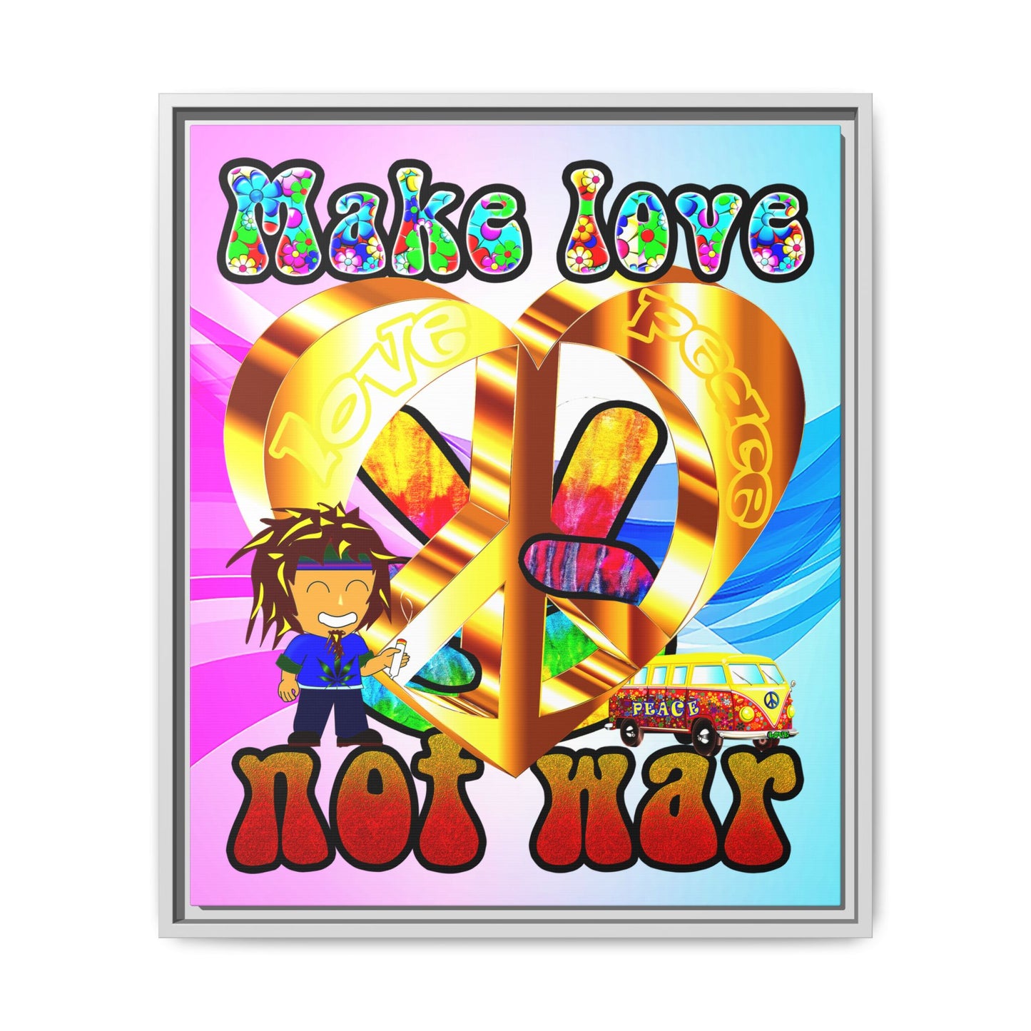 love peace - framed canvas art (light blue-pink wave)