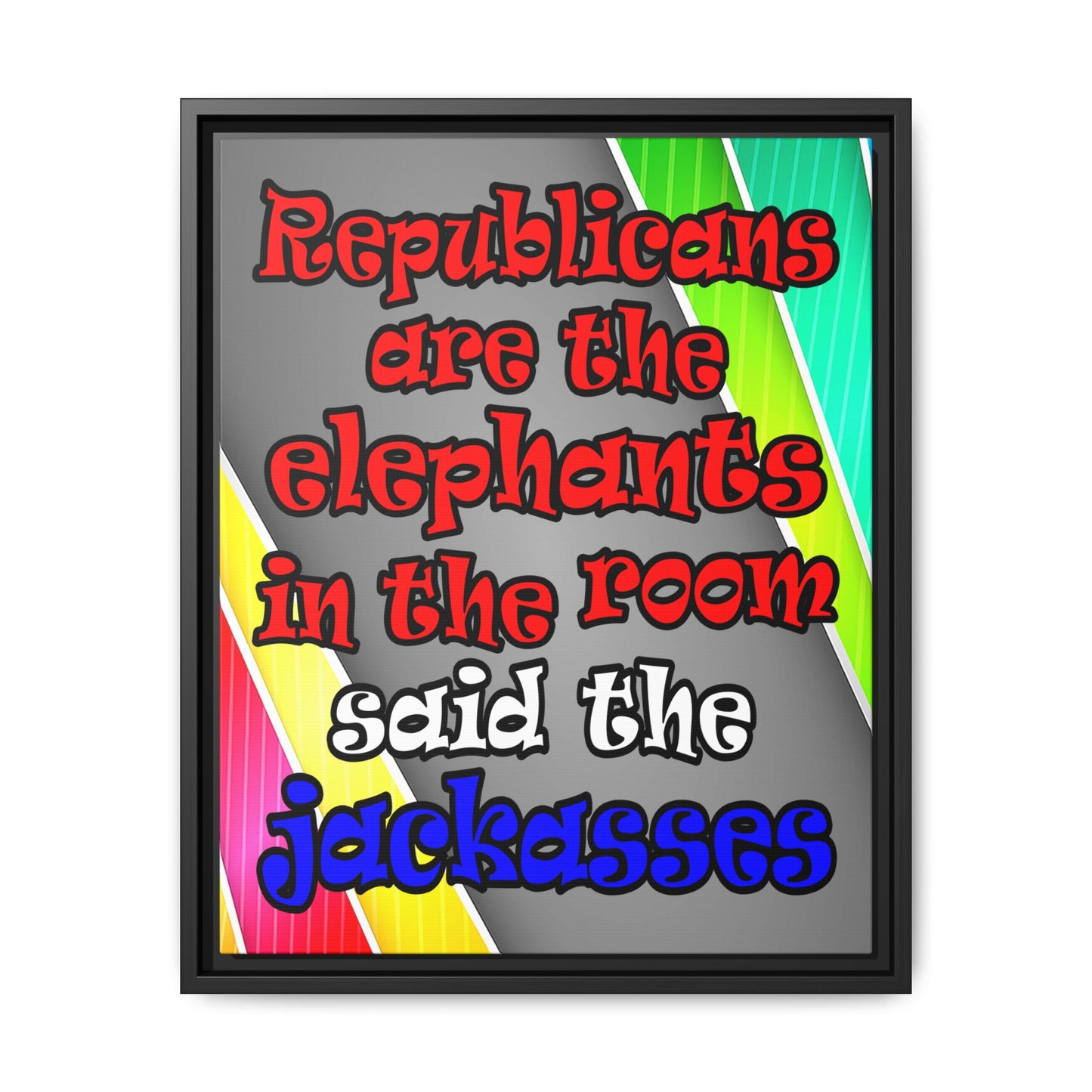 donkeys and elephants - framed canvas art (rainbow split)