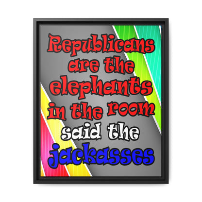donkeys and elephants - framed canvas art (rainbow split)