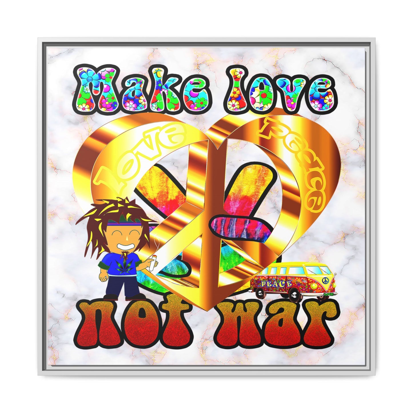 love peace - framed canvas art (white marble)