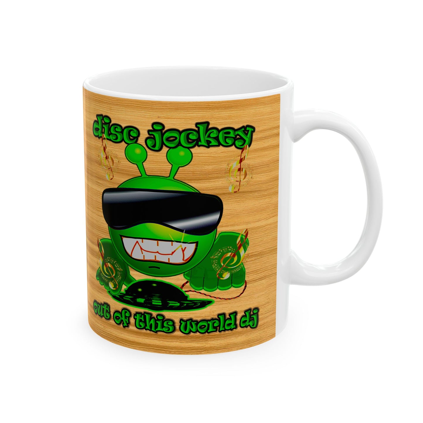 disc jockey - White Mug (butterscotch wood finish)