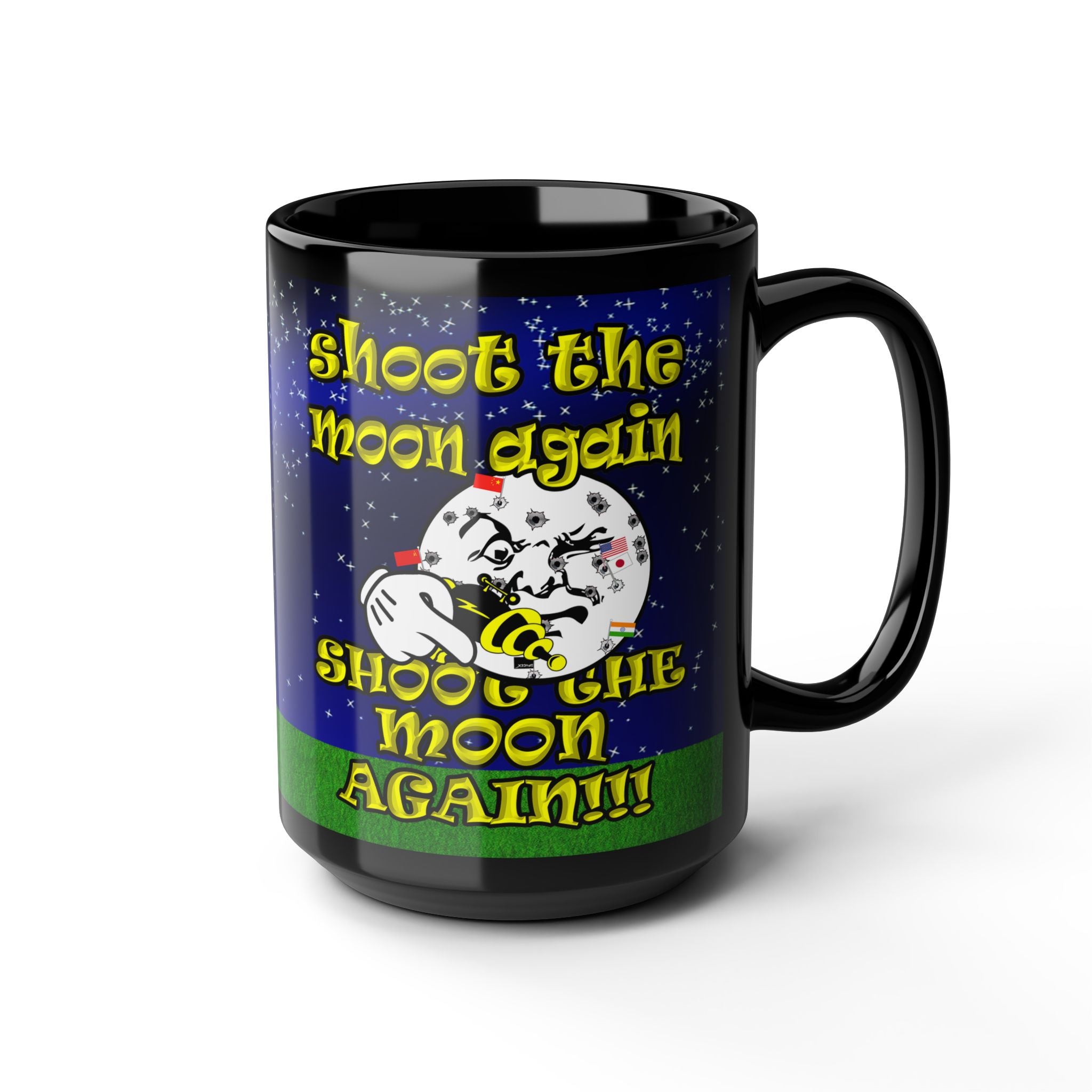 shoot the moon again - Black Mug ('snoops' background)